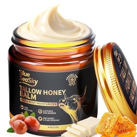 Whipped Grass Fed Beef Tallow Balm with Raw Honey, Natural Tallow Moisturizer for Dry Sensitive Skin, Redness Itch Relief, Eczema Rosacea Support, Non-Comedogenic Face & Body Skin Care, Unscented 4oz