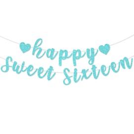 Happy Sweet Sixteen Banner, Pre-Strung Glitter Sweet 16 Party Decorations,16th Party Sign for 16th Birthday Decorations (Blue)