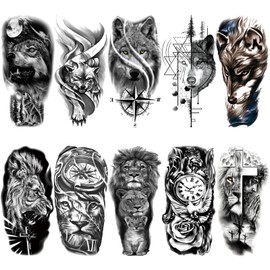Briyhose Wolf Lion Temporary Tattoos for Men Half Arm Sleeve, Realistic Large Black Jesus Cross Lion Fake Tattoo Sticker Adult Boy Forearm, 3D Animal Wolf Compass Clock Temp Tatoo Body Art, 10-Sheet