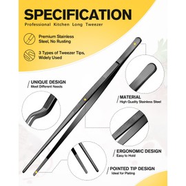 Fine Cooking Tweezers Set, Professional Stainless Steel Food Tongs, Kitchen Black Long Chef Tweezer for Cooking, Plating, Decorating and BBQ (BLACK, 10 inch)