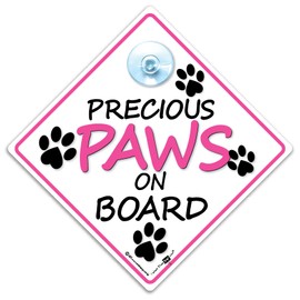 Precious Paws On Board Sign, Dog on Board Car Sign, Pink Dog Car Sign, Fur Baby Sign, High Visibility Dog Car Sign With Suction Cup to Notify of Dog in Vehicle 14 cm x 14cm x 2cm