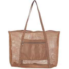 CREATCABIN Mesh Beach Bag Beach Tote Handbag With Zipper Foldable Mesh Sand Free Bag Vacation Essentials for Pool Travel and Family Vacation Ton Of Storage Saddle Brown 16.54x13.78x7.09in