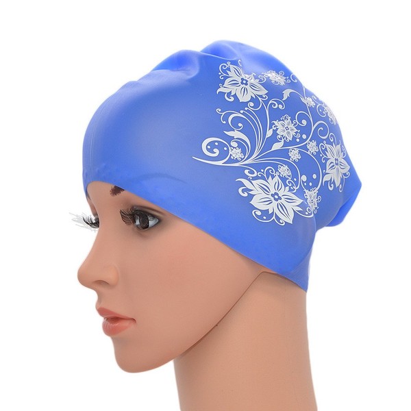 Medifier Women Ladies Elastic Silicone Water Pool Swimming Hat Cap Ear Wrap Hat for Long Hair Adults Flower Print