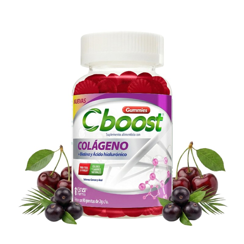 Cboost - Gomitas Colágeno, Biotina y Ácido Hialurónico, Cereza, 90