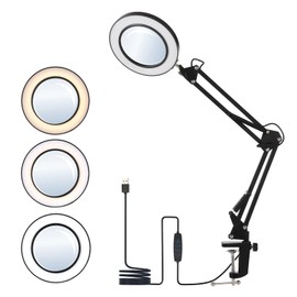 Mingzhe Lámpara de mesa con abrazadera flexible con lupa 8x, brazo oscilante, LED regulable, luz de escritorio, 3 modos de color y 10 niveles de brillo lectura trabajo estudio luz