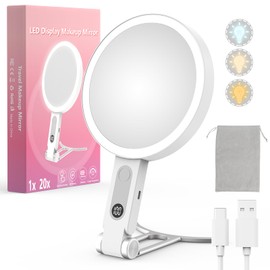 Travel Makeup Mirror with Lights, 1X/20X Magnifying Lighted Makeup Mirror with LED Display ,2-Sided Rechargeable Beauty Mirror with 3 Color Lights & Touch Control, Adjustable Vanity Mirror for Women