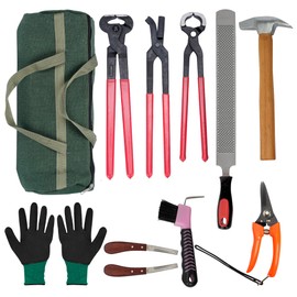 Gtouse 12Pcs Farrier Tools Kit Hoof Trimming Tools with Tool Bag, Hoof Nippers, Horseshoe Cutting Pliers, Goat Hoof Trimmers Shear, Hoof Rasp File, Horseshoe Brush, Hoof Knife, Hoof Hammer, Gloves