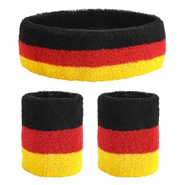 Yolev 3 Piece Sweatband Set Includes 1 Sports Headband and 2 Sports Wristbands Red Yellow Black Striped Sweatband Accessories for Men and Women