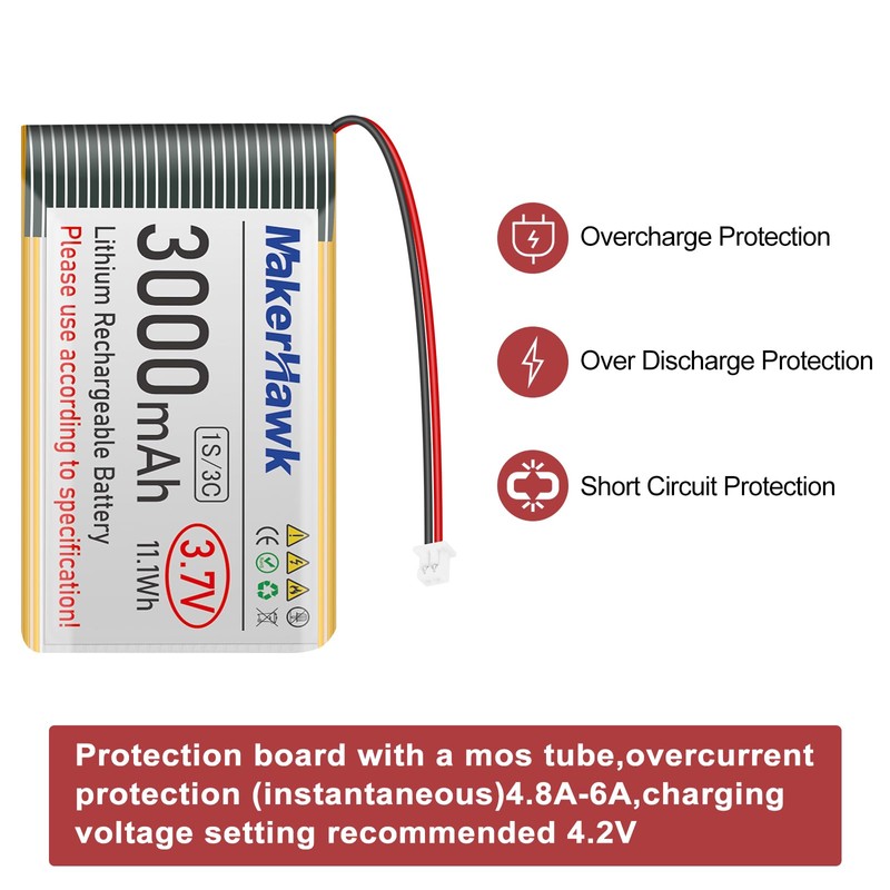 MakerHawk 3.7V 3000mAh LiPo Battery Rechargeable 1S 3C Lithium Polymer