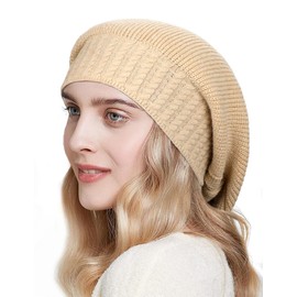Kiiwah Knitted Beanie Hat for Women, Winter Warm Slouchy Cap Classic Elastic Long Beanie Breathable Hat Knit Ski Winter Hat, khaki