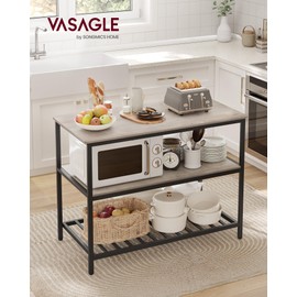 VASAGLE Kitchen Island with 3 Shelves, 47.2 Inches Width Kitchen Shelf with Large Worktop, Stable Steel Structure, Industrial, Easy to Assemble, Greige and Black UKKI001B02