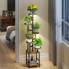 Plant Stand Indoor with Grow Light,6-Tiered Tall Plant Stand Indoor, Metal Plant Shelf with Hanging Basket Hook and Adjustable Light, Ideal for Living Room, Garden, Patio (Black Brown)