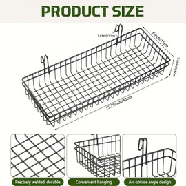 ZHOHO TANT 4 Pack 15.75 x 6 x 2.36 Inch Metal Grid Wall Baskets with Hooks, Hanging Wire Grid Basket, Multi-Function Wall Mounted Organizer for Kitchen Organizing Display, Black