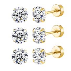 Mochity 3 Pairs of Earrings Gold Sliver Black, Zirconia Stud Earrings, Hypoallergenic Earrings Set for Men and Women, Cartilage Stud Earrings, 316L Stainless Steel Stud Earrings, 3/4/5 mm, Stainless