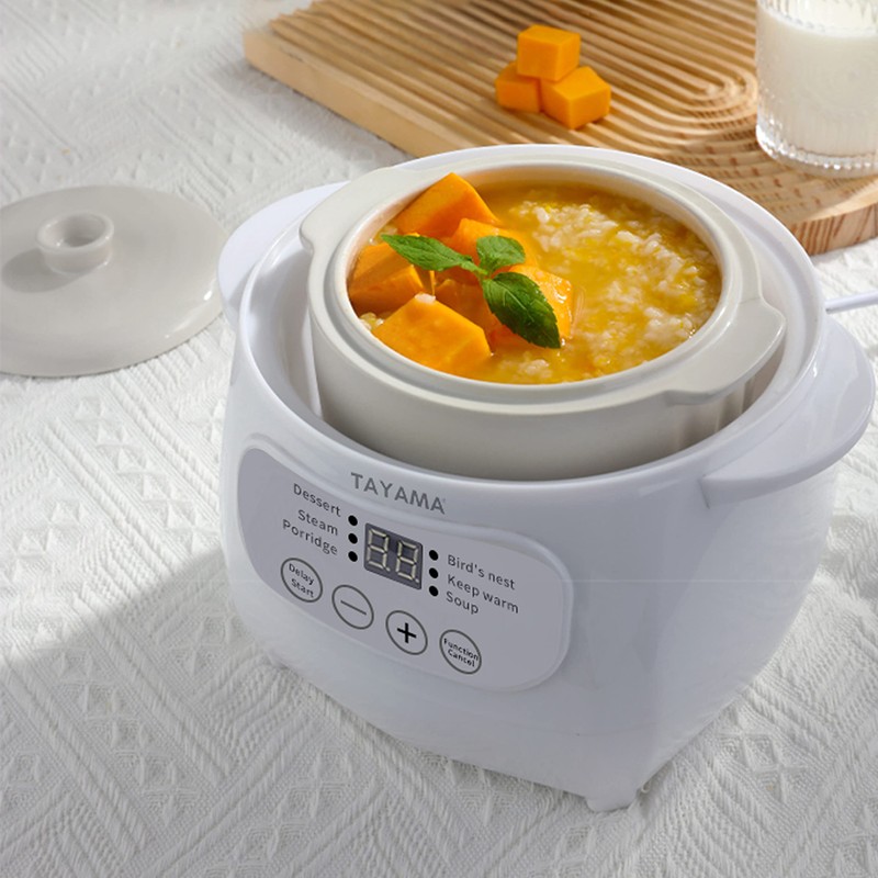 TAYAMA 1 Qt. White Mini Ceramic Stew Cooker with Pre-Settings