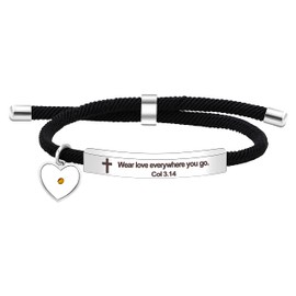 Uloveido Chritian Religious Bible Quote Bracelet for Women Girls Encouragement Gift, Black String Stainless Steel Engraved Bracelet (Wear love everywhere you go)