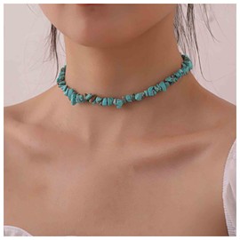 Yheakne Boho Turquoise Bead Choker Necklace Short Irregular Turquoise Necklace Blue Gemstone Beaded Necklace Natural Stone Necklace Chain Jewelry for Women
