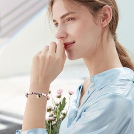 Natural Pink Zebra Stone Beaded Bracelets with Heart Charm & Cubic Zirconia, 8mm Raw Crystal Gemstones Stretch Bracelets Jewelry for Birthday Back to School Graduation Gifts (To Grandma)