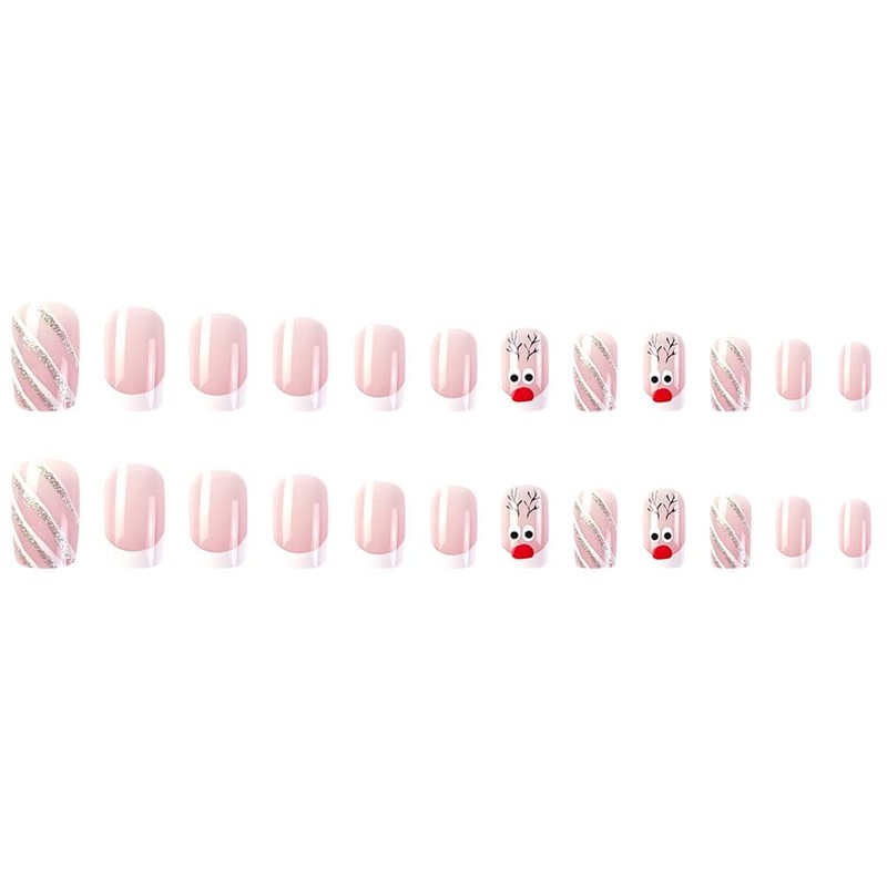 Clataly 24 Pcs Christmas Elk False Nails Snowflake Fake Nails