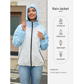 PITINAN Light Rain Jacket Women Waterproof for Travel Womens Rain Coat Hooded Packable Rains Jacket Outdoor Trench Coat Light Blue L