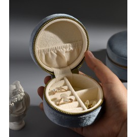 TAIMY Plush Velvet Travel Jewelry Box, Round Mini Travel Jewelry Case for Women Girls, Portable Mini Jewelry Travel Organizer Boxes for Rings Earrings Necklaces Bracelets(Ocean Blue)