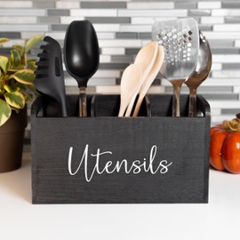 Elevated Haven Black Kitchen Utensil Holder |3 Compartments 12in x 5in x 7in | Wooden Utensil Holder | Utensil Holder for Countertop | Kitchen Storage|Kitchen Countertop Organizer|Kitchen Organization