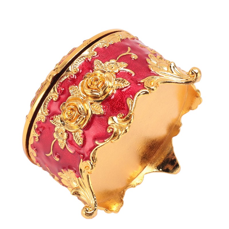 Vintage Metal Jewelry Box Round Exquisite Hand Carved Gold Flower