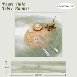 Set of 6 Pearl Table Runner 29 x 120 Inch Sage Green Tulle Fabric Lace Table Runners Boho Rustic Table Runners for Bridal Shower Birthday Party Wedding Arch Aisle Veil Dessert Table Decor(Sage Green)