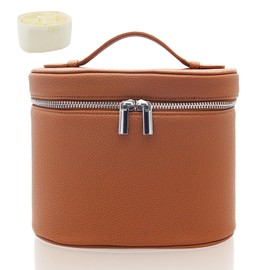 KJMYYXGS Leather Makeup Bag with Dividers Make Up Organizers with Compartments and Handle for Vanity Travel Makeup Countertop Case (brown)