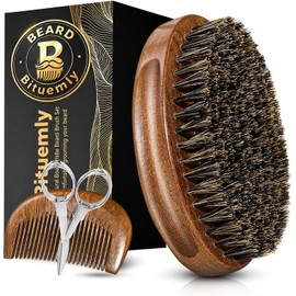 Bituemly Cepillo Para Barba, Cepillo De Cerdas Naturales De Jabalí Para Hombre Y Peine De Bolsillo De Madera De Sándalo, Kit De Cuidado Facial Con Tijeras Para Bigote Como Herramienta De Estilismo, Pa