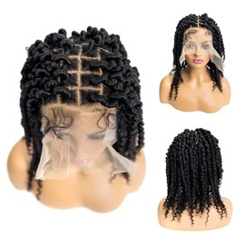 PIB 12'' Single Full Lace Wig Spring Twist Square Parted Knotless Braided Wigs for Black Women Synthetic Lace with Natural Baby Hair (#1B Off Black, 12")