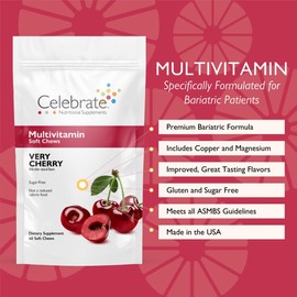 Celebrate Vitamins Bariatric Multivitamin Soft Chews - Essential Vitamins & Minerals, Sugar & Gluten Free - Gastric Bypass & Sleeve Gastrectomy Supplement - Cherry (60ct)