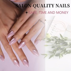 XCVPL Magnetic Cat Eye Press-On Nails – Medium Almond Shape, Glossy Finish | Reusable, 16 Sizes, 32pcs Nail Kit with Glue | Salon Look in Minutes (Pearl Nude Cat Eye)