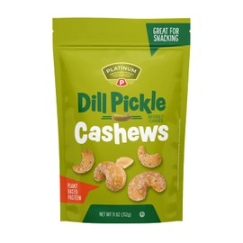 Platinum Dill Pickle Cashews - Plant Based Protein, Fiber, Healthy Snack - Roasted with Tangy Zest of Dill Pickle - Can Bring at Home, Work, Office, Gym & School - 11oz Individual & Resealable Pouch