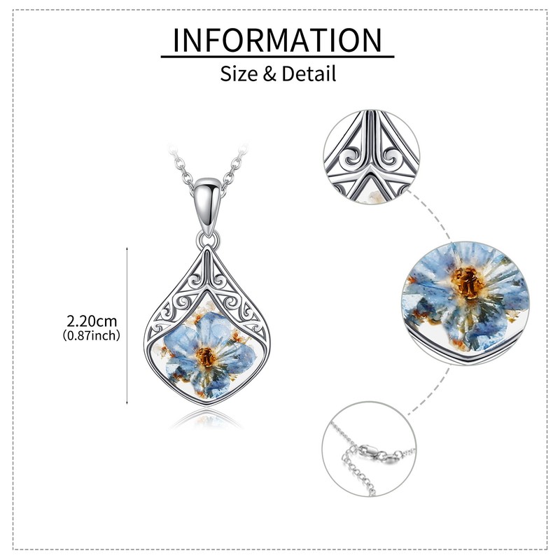 CUPENDA Forget Me Not Flower Necklace Sterling Silver Blue Pressed