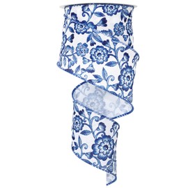 JarThenaAMCS Blue White Floral Wired Edge Ribbon Chinoiserie Flower Craft Ribbon Decorative Fabric Ribbon for Wreath Bow Making DIY Crafts Wrapping Party Decor Supplies, 1 Roll, 12 Yard