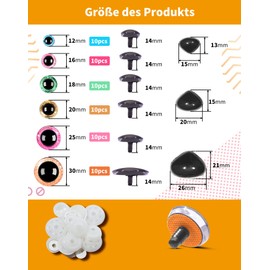 NETONDA Pack of 90 12-30 mm Safety Eyes and Safety Noses Glitter Safety Eyes Crochet Animals Plastic Dolls Eyes for DIY Dolls, Bear Crafts, Crochet Toy Making