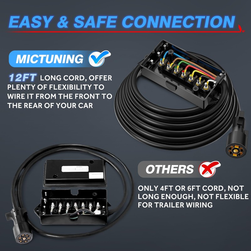 MICTUNING Heavy Duty 7 Way Plug Inline Trailer Cord with