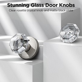 MAXECURITY 3 Pack Crystal Door Knob, Octagon Shaped Glass Door Knobs Interior with Lock, Satin Nickel Door Knobs Interior Glass