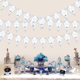 Jollyboom First Holy Communion Decorations for Boys Blue, 3 Pack First Holy Communion Banners, 36pcs Pre-Strung Baptism Flag Bunting Confirmation Decor for Boys First Holy Communion Christening Day