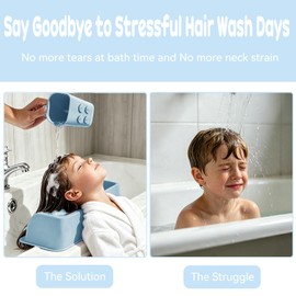 Portable Hair Washing Station for Kids,Children, Pregnant women,Seniors.Neck Support Silicone Shampoo Bowl for Sink or Bathtub,Attached Shampoo Brush and Baby Bath Rinse Cup (Blue)