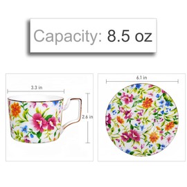 LanHong 8.5 Ounces Tea Cup and Saucer Set Floral Tea Coffee Cup with Saucer Bone China Teacup and Saucer Set Gift for Mom Friend Tea Party