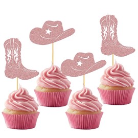 24 PCS Cowboy Cupcake Toppers Glitter Cowgirl Hats Boots Cupcake Picks Western Theme Party Decorations for Cowgirl My First Rodeo Theme Baby Shower Birthday Girls Party Decorations Supplies Rose Gold
