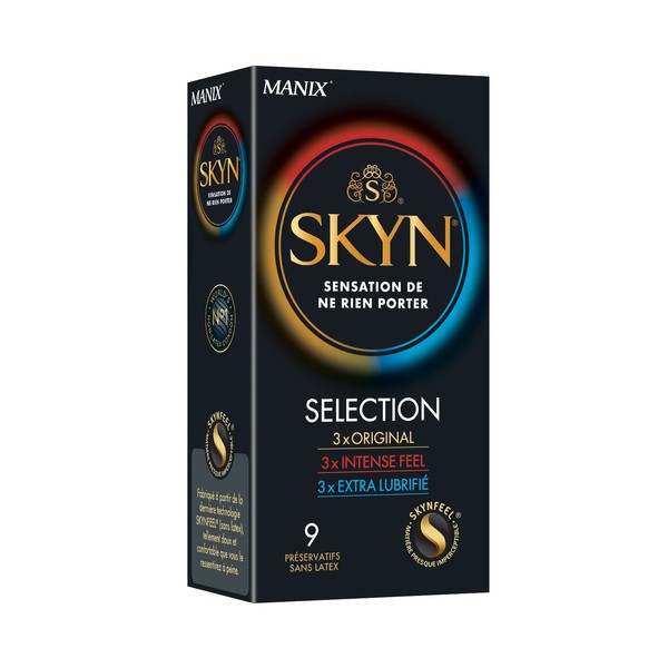 SKYN Skynfeel Men's 9 Pack Latex Free Condoms Assortment of 3 Types of Feelings: 3 x Original, 3 x Intense Feel, 3 x Extra Lubricated, Regular Size, Diameter 53mm