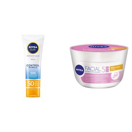 NIVEA SUN Protector Solar Facial Control De Brillo (50 ml), con Efecto Matificante de Larga Duración + Crema Facial Aclarante Hidratante 5 En 1 200 ml