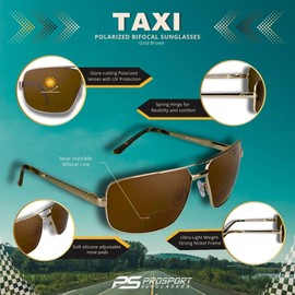 proSPORT Square Aviator Polarized Bifocal Sunglass +2.50 Men Amber Lens Gold Frame with Hard Case