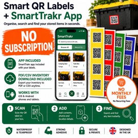 Smart QR Code Labels – 48 Pack | Waterproof, Tearproof Storage Stickers for Home, Garage, Office & Moving Boxes | Works with SmartTrakr App | iOS & Android | No Subscription Required