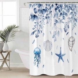 Coastal Eucalyptus Shower Curtain Set with Hook 72" x 72",Blue Starfish Jellyfish Shell White Washable Cloth Polyester Fabric Shower+Curtain,Waterproof Bath Curtains for Bathroom,Showers,Bathtubs