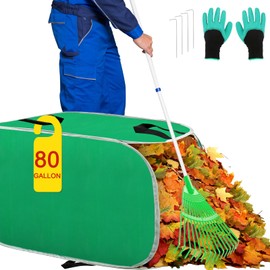 Hysagtek Leaf Collector Bag, 80 Gallon Portable Pop Up Leaf Bags, Foldable Reusable Yard Garden Leaf Bag with Handles, Self-Standing Leaf Collector Bag for Leaves Lawn Trash, Comes with Gloves