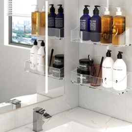 YAWSOUP Acrylic Shower Shelves 3 Pack, Clear Adhesive Shower Caddy Organizer, Rustproof No Drill Wall Mount Bathroom & Kitchen Storage Rack